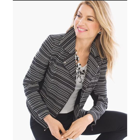 CHICO'S  Black & White Stripe Textured Moto Zip Up Jacket // 0 - Picture 1 of 10